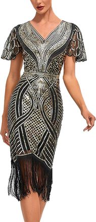 Generic 20s Dress Womens Gatsby 1920s Dresses Fringe Dress Green Gold Flapper Dress Short Charleston Costume Sequin Dress Short Sleeve Fringe Carnival, gold, 