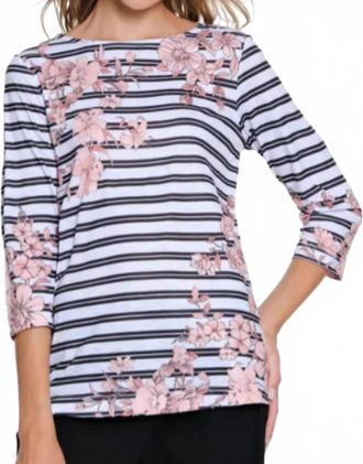 Multiples Striped Floral Blouse With Buttons In Pretty In Pink