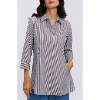 Foxcroft Cici Stripe Cotton Tunic Shirt in Black/white at Nordstrom, Size 16