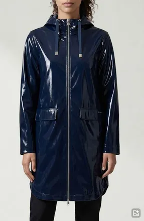 Noize Janae Coated Vinyl Hooded Raincoat in Navy Vinyl at Nordstrom, Size X-Large