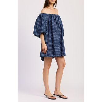 En Saison Dover Off the Shoulder Balloon Sleeve Trapeze Minidress in Dark Chambray White at Nordstrom Rack, Size X-Small