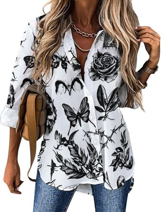 Generic Death Roses Skull Thorn Flowers Womens Blouses Hawaiian Button Down Womens Tops Long Sleeve Shirts Tees L