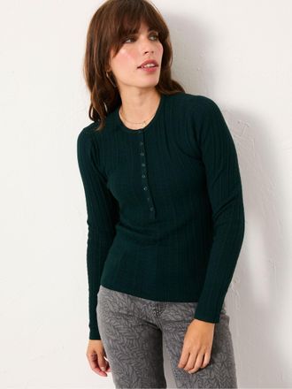 Fat Face FatFace Mae Jade Green Knitted Textured Henley Crew Neck Jumper