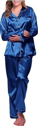 Generic TDEOK Womens Satin Nightdress Long Sleeve with Button Placket Sleepwear Sexy 2-Piece Leisure Suit Elegant Summer Pyjamas Large Sizes Loungewear Silk P
