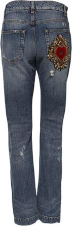 Dolce & Gabbana Womens Blue Cotton Tattered Mid Waist Denim Jeans Clothing