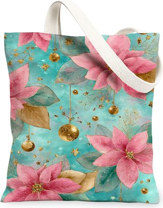 Generic Christmas Floral Canvas Tote Bags, Poinsettia Pattern Reusable Grocery Bags, Lightweight Washable Shoulder Strap Canvas for, Peach, 13x15 Inch