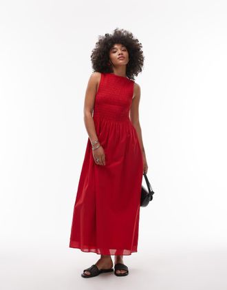 & Other Stories Vestito lungo rosso con corpino arricciato e scollo a barchetta