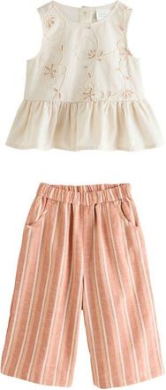 Next Kids Peplum Top & Ditsy Stripe Pants Set in Neutral at Nordstrom, Size 3-4Y