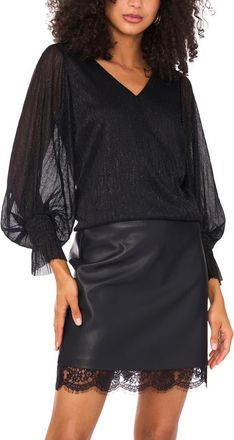 Vince Camuto Metallic Blouson V-Neck Top in Rich Black at Nordstrom, Size Medium