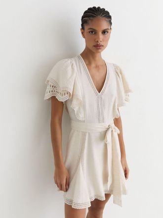 Reiss Cream Broderie Anglaise Belted Flippy Dress, 18