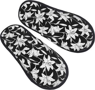 Generic Fluffy Slippers Lilies Flowers Black Unisex Camping Slippers Portable Cotton Slipper For Women Travel Indoor L