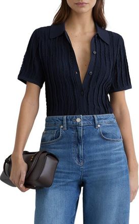 Reiss Audrey Texture Knit Button-Up Shirt in Navy at Nordstrom, Size X-Small