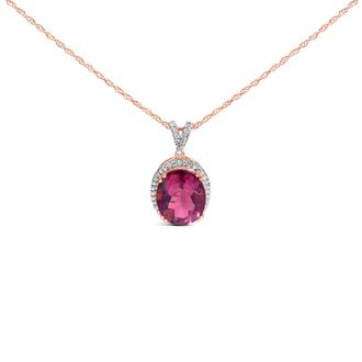 House of Brilliance 14K Rose Gold Vermeil Sterling Silver 1/5 Cttw Diamond Pink Quartz Oval Pendant Necklace