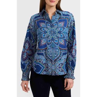 Foxcroft Olivia Printed Smocked Cuff Cotton Button-Up Shirt in Blue/Multi at Nordstrom, Size X-Large