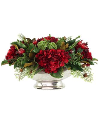 Creative Displays Inc. Handmade Christmas Holiday Centerpiece With Hydrangeas & Magnolia Leaves In Metal Vase