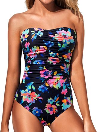 Holipick Women Strapless One Piece Swimsuits Tummy Control Bandeau Tube Top Bathing Suits Slimming Swimwear, Colorful Floral, Large