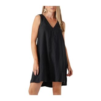 Selected Kleedjes, Dames, Zwart, M, Linnen, Zwarte Linnen Mini Jurk voor Zomer