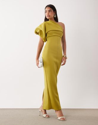Asos Vestito lungo monospalla effetto stropicciato in tessuto scuba verde oliva