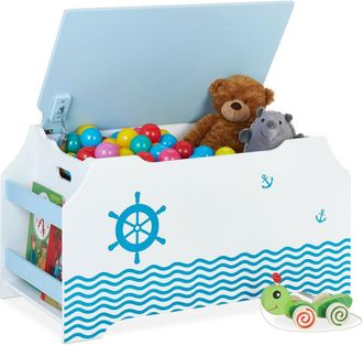 Relaxdays Relaxdays Toy Storage Chest, Nautical Design, Box with Lid, Shelves for Books, HxWxD: 46 x 84 x 42.5 cm, White/Blue