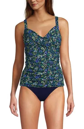 Lands End D-Cup V-Neck Wrap Underwire Tankini Swimsuit Top in Navy Multi Ditsy Floral at Nordstrom, Size 8