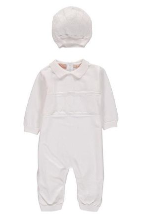 Carriage Boutique Elegant Christening Romper & Hat Set in White at Nordstrom, Size Newborn