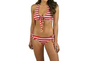 Milly Stripe Boca Eyelet Bikini Bottom In Red/ivory