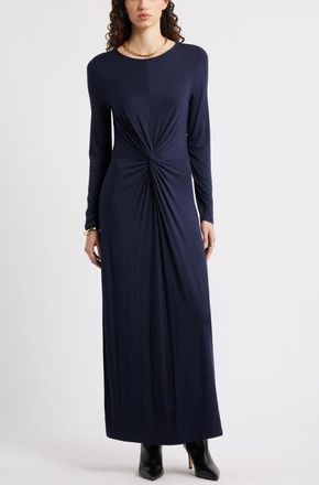 Nordstrom Twist Front Long Sleeve Jersey Maxi Dress in Navy Night at Nordstrom, Size Xx-Small