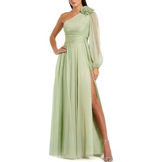 Mac Duggal One Shoulder 3D Flower Gown With Slit in Sage at Nordstrom, Size 12