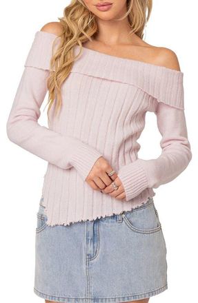 Edikted Sonya Foldover Off the Shoulder Rib Sweater in Light-Pink at Nordstrom, Size X-Small