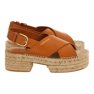 Ferragamo Leather Platform Espadrille Sandals, Size 7 C