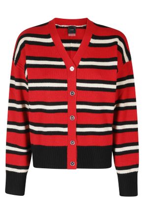 Pinko Red Black Striped V-Neck Wool-Cashmere Cardigan