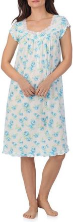 Eileen West Cap Sleeve Waltz Nightgown in Aqua Floral White at Nordstrom, Size X-Small