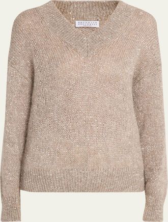 Brunello Cucinelli Winter Glow Paillette Mohair V-Neck Sweater