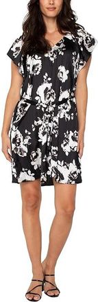 Liverpool L.A. Flutter Sleeve Raglan Woven Dress Womens Dress Black/White Floral : SM, Polyester