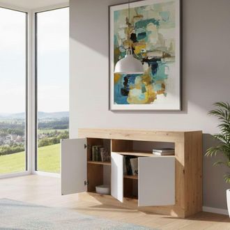Dmora Aparador Dmirri, Aparador Moderno Con 3 Puertas, Mueble Tv Sal&oacute;n Buffet, 144x42h87 Cm, Roble Anudado Y Blanco - Dmora