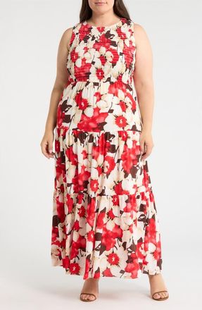 Anne Klein Print Smocked Bodice Tiered Maxi Dress in White Dove Multi at Nordstrom, Size 2 X