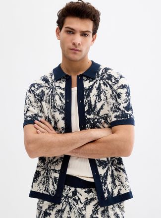 Le 31 Mens Abstract jacquard knit polo-collar Cardigan Sweater