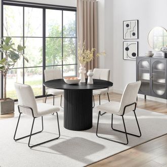 Furniturebox Penrose Black Round Dining Table & 4 Halleyy Chairs in Taupe