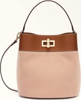 Furla Amelia Borsa A Secchiello S Toni Cognac Marrone Tessuto Di Canvas + Pelle Di Vitello Sidney Donna