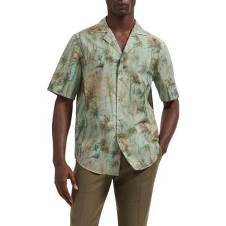 Bugatchi Jackson Palm Tree Print Cotton Camp Shirt in Khaki at Nordstrom, Size X-Large