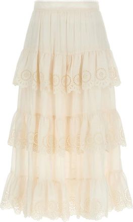 Zimmermann Lucky Geborduurde Midi Rok - Dames - Midirokken - Wit - XS - Katoen - Rokken