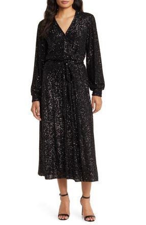 Anne Klein Sequin Long Sleeve Midi Dress in Anne Black at Nordstrom, Size X-Small
