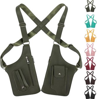 Generic Multi-Pocket Anti-Theft Double Shoulder Bag for Travel and Daily Use, Adjustable PU Leather Underarm Bag for Man Outdoor (Green 2)