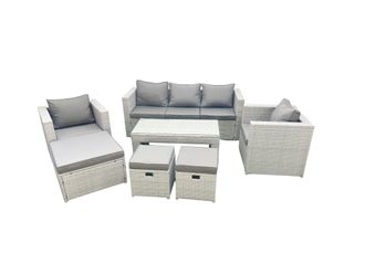 Fimous Rattan Garden Furniture Set 8 Seater Outdoor Garden Sofa Oblong Coffee Table Set with 2 Chairs 3 Stools Light Grey Mixed