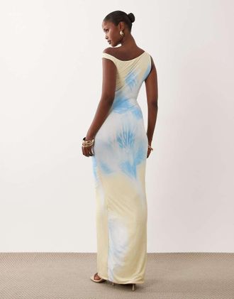 Missy Empire Vestito lungo asimmetrico in doppio tessuto strutturato sinuoso con stampa a fiori blu e limone-Multicolore