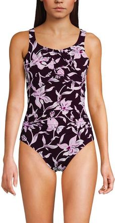 Lands End D-Cup Slender Carmela Tummy Control Chlorine Resistant Scoop Neck One Piece Swimsuit in Dark Wine/tropics Floral at Nordstrom, Size 16