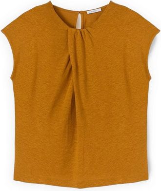 Motivi T-shirt van gemengd linnen met draperie - Dames - Blouses - Geel - S - Linnen - Overhemden