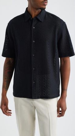 Open Edit Boxy Lace Short Sleeve Button-Up Shirt in Black at Nordstrom, Size Xx-Large