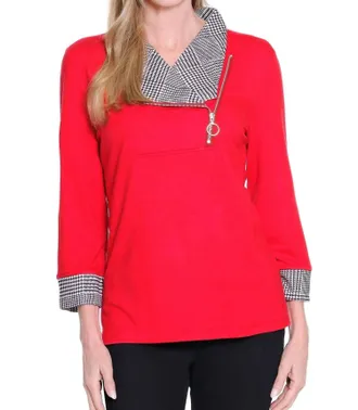 Multiples Plaid Cuffed 3/4 Sleeve Knit Top In Red