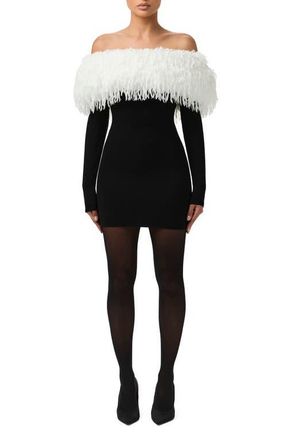 Naked Wardrobe Butter Faux Feather Trim Off the Shoulder Long Sleeve Minidress in Black /White at Nordstrom, Size Small